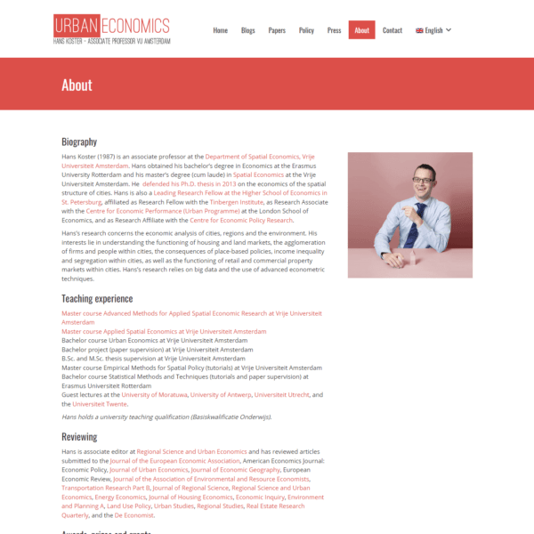 Urban economics – About Hans Koster